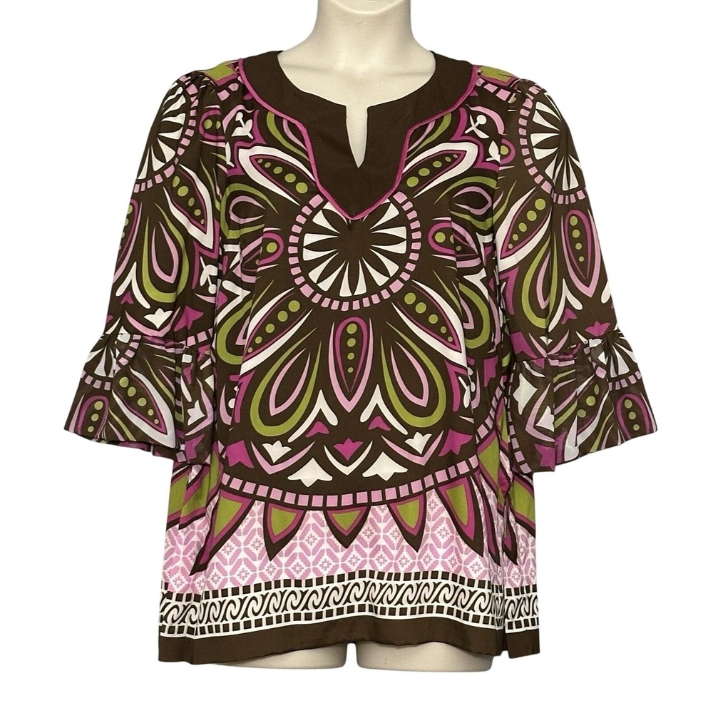 VTG Y2K NM Womens Top XL Brown Pink Colorful Tunic Relaxed Retro Funky Mod